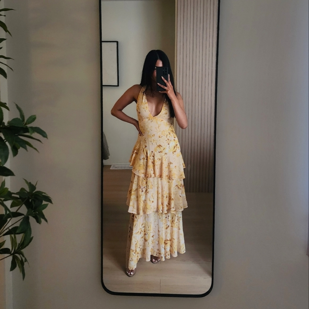 Yellow Tiered Ruffle Maxi Dress with Plunge Neckline